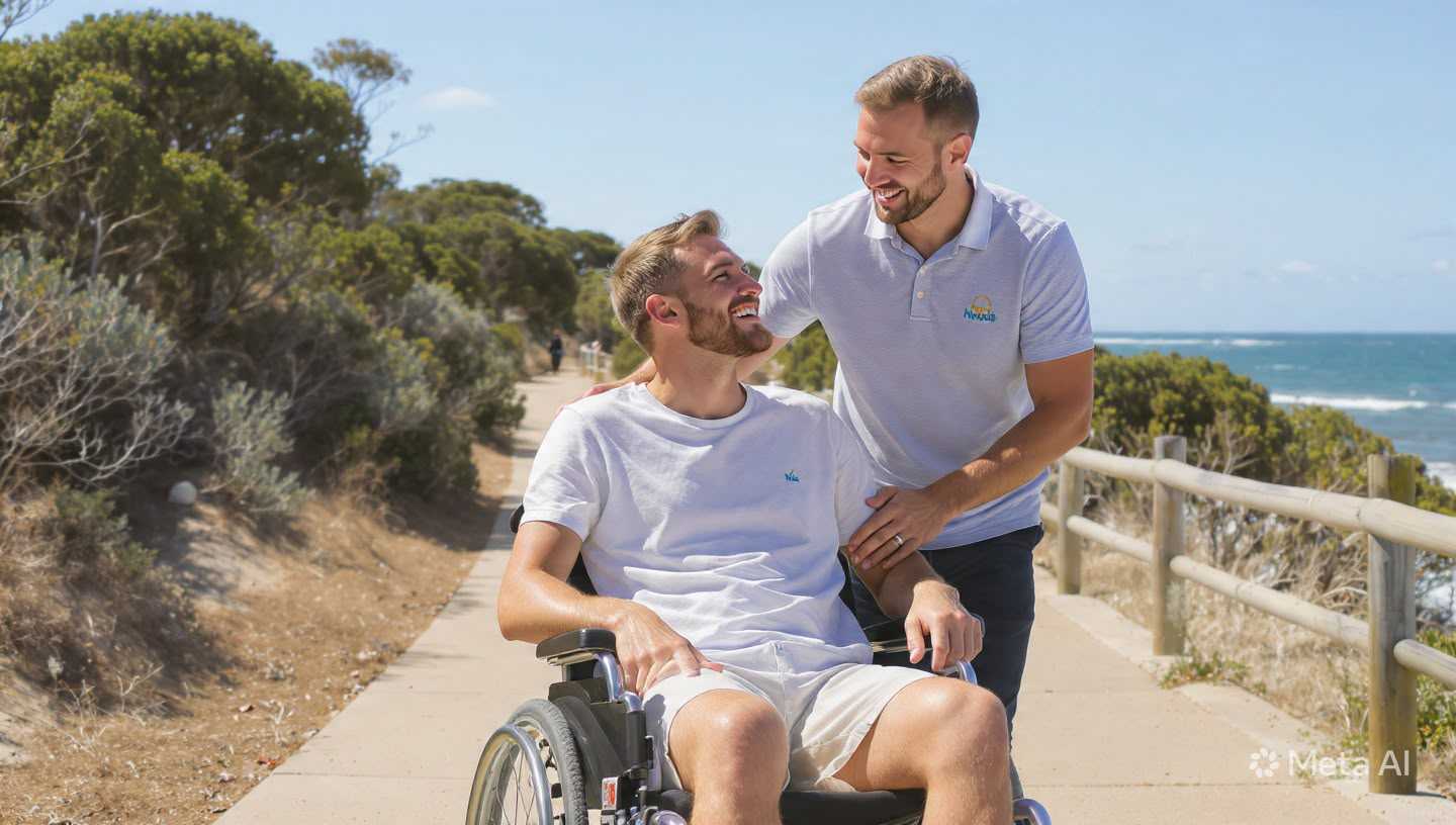 Support worker helping a participant along a coastal path